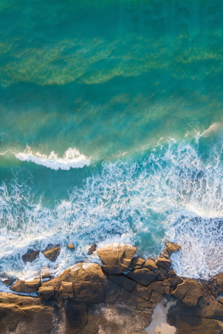 Coast, rocks, blue-green sea, sea waves, drone shot, nature, 240x320 wallpaper