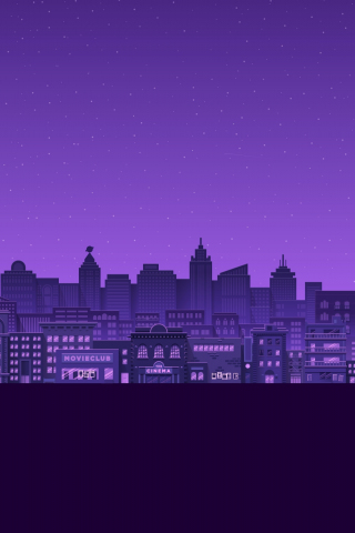 Purple moon, stars night, buildings, cityscape, minimal, 240x320 wallpaper