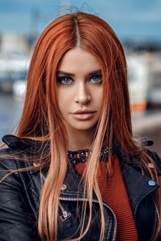 Redhead, leather jacket, girl, model, stare, 240x320 wallpaper