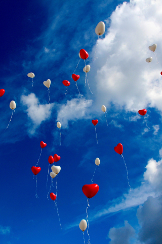 Balloons, sky, red and white, clouds, 240x320 wallpaper