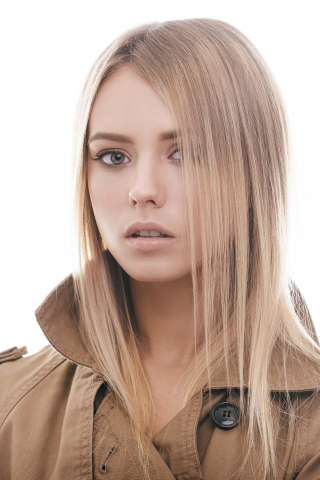 Blonde, hair on face, girl model, coat, 240x320 wallpaper