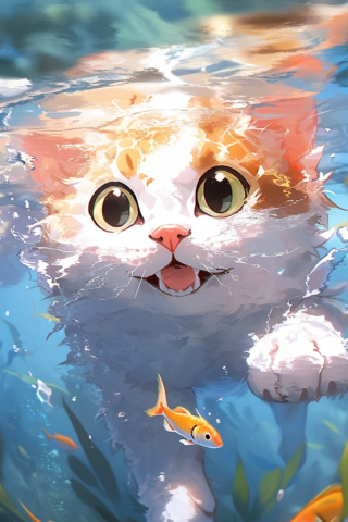 Cute kitten, swim underwater, art, 320x480 wallpaper