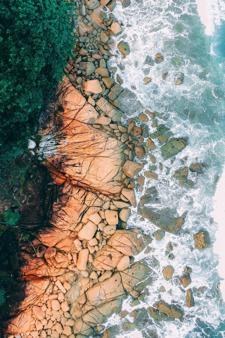 Rocks, seashore, coast, beach, aerial view, 240x320 wallpaper