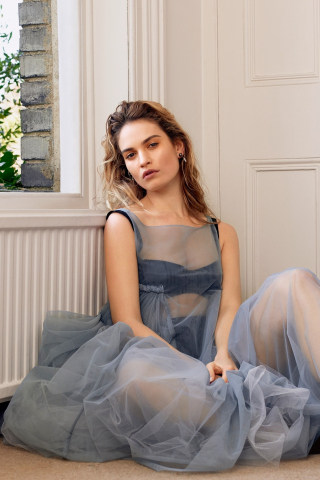 Lily James, sit, ligth blue dress, photoshoot, Allure, 2018, 240x320 wallpaper