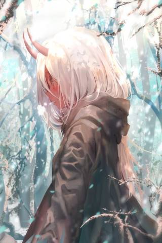 White hair, zero two, anime girl, outdoor, 240x320 wallpaper