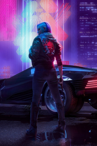 Cyberpunk 2077, a girl with car, art, 240x320 wallpaper