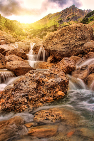 Waterfall, rocks, sunlight, water stream, Austria, 240x320 wallpaper