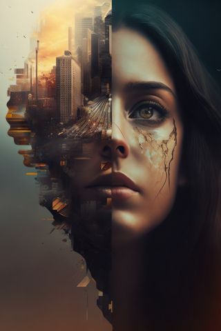 Woman and city, face-off, art, 240x320 wallpaper