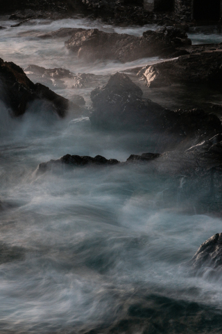 Coast, sea, rocks, black, mist, 240x320 wallpaper