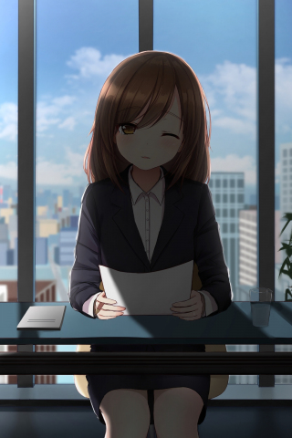 Office, anime girl, cute, wink, 240x320 wallpaper