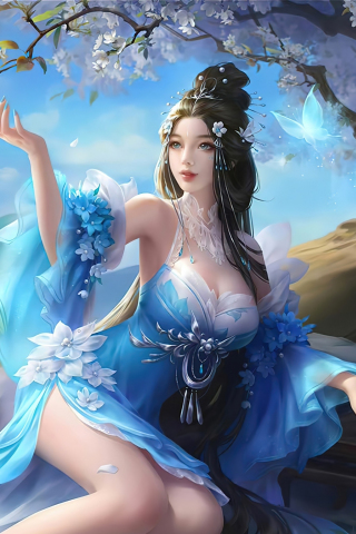Blue dress and pretty queen, LOL game art, 240x320 wallpaper
