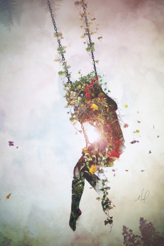 Art, surrealism, swings, flowers, 240x320 wallpaper
