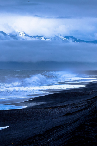 Black beach, clouds, sea waves, nature, 240x320 wallpaper