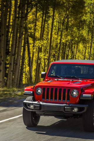 Red Jeep Wrangler, suv, on road, 240x320 wallpaper