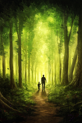 Kid and dad, pathway, forest, fantasy, art, 240x320 wallpaper