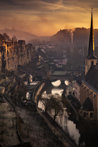 Luxembourg city, sunset, cityscape, buildings, church, 240x320 wallpaper
