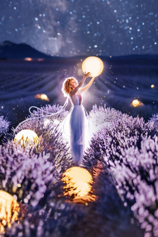 Lights, woman in lavender farm, night, nature, 240x320 wallpaper