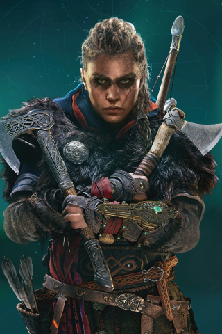 Assassin's Creed Valhalla, female Eivor with axe, 2020, 240x320 wallpaper