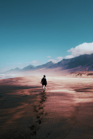 Walk alone, footprints, beach, mountains, coast, exploration, 240x320 wallpaper