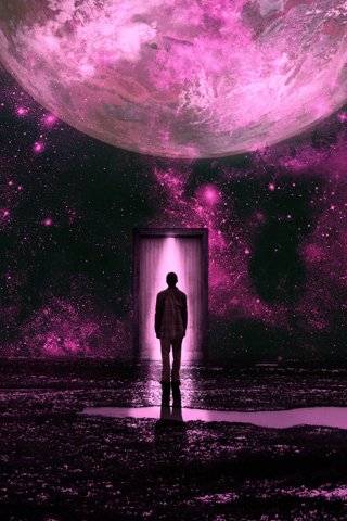 Silhouette, planet, door, lilac theme, art, 240x320 wallpaper