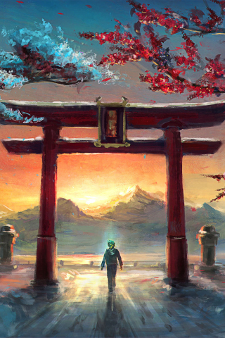 Dawn, fantasy, man at gate, sunrise, art, 240x320 wallpaper