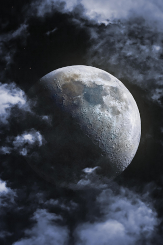 Moon in sky, clouds, astrophotography, full moon, 240x320 wallpaper