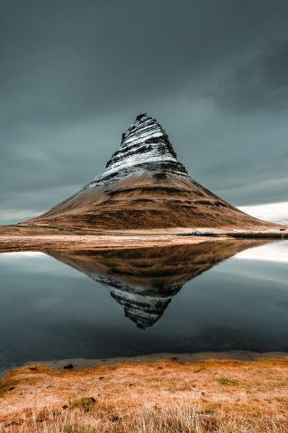 Kirkjufell, mountain, peak, lake, reflections, Iceland, 240x320 wallpaper