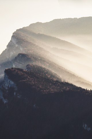 Mountains, fog, landscape, dawn, clouds, 240x320 wallpaper