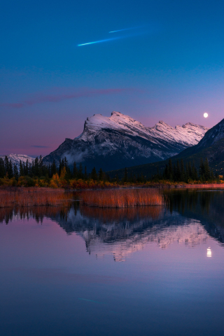 Vermillion Lakes, Banff National Park, mountains, trees, night, nature, moon, 240x320 wallpaper