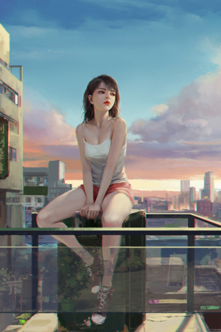 Urban town, girl relaxed in balcony, art, 240x320 wallpaper