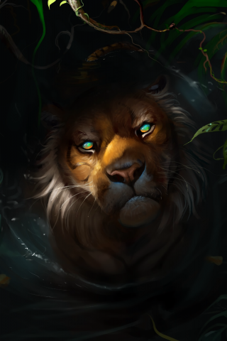 Lion, muzzle, predator, glwoing eyes, art, 240x320 wallpaper