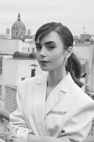 BW, Lily Collins, gorgeous and pretty actress, 2023, 240x320 wallpaper