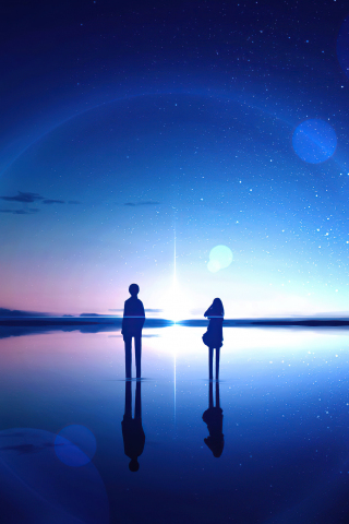 Anime, sky, stars, reflection, silhouette, digital art, 240x320 wallpaper