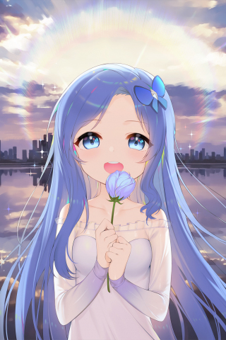Cute, anime girl, long hair blue, smile, 240x320 wallpaper