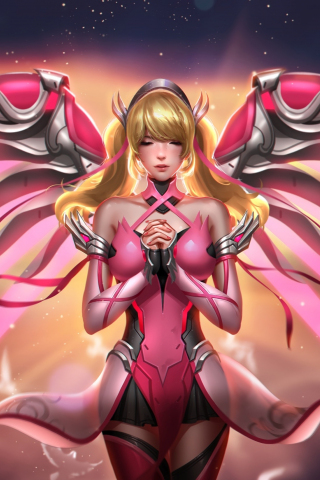 Pink costume, mercy, overwatch, art, 240x320 wallpaper