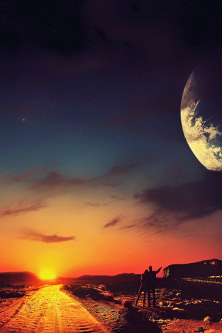Couple, sunset, planet, starry sky, rocks, romantic, landscape, fantasy, 240x320 wallpaper