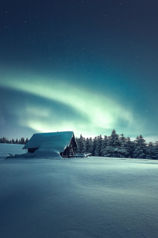 Winter, hut, landscape, northern lights, 240x320 wallpaper