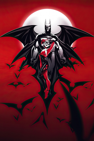 Batman & Harley Quinn, flight, bats, artwork, 240x320 wallpaper