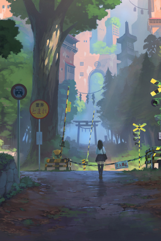Anime girl, railway crossing, landscape, 240x320 wallpaper