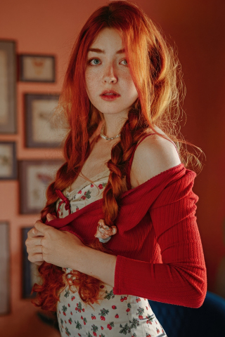 Redhead girl, model, cute pony tails, 240x320 wallpaper