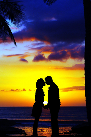 Kiss, couple, sunset, beach, silhouette, art, 240x320 wallpaper