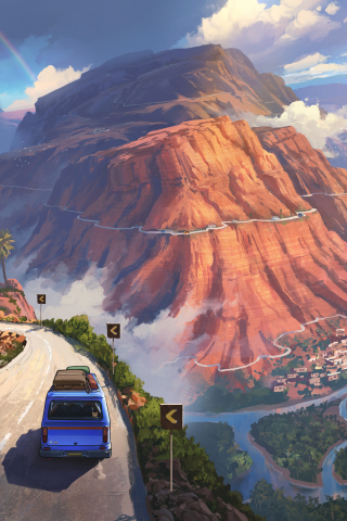 Travel, valley city, mountains, nature art, 240x320 wallpaper