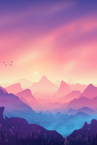 Digital art, horizon, mountains, forest, pinkish art, 240x320 wallpaper