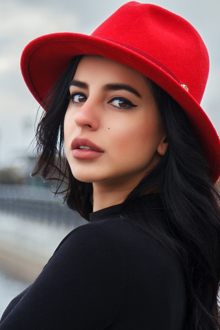 Girl model, beautiful, long hair, red hat, 240x320 wallpaper