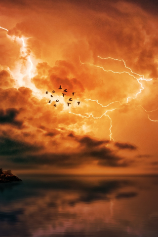 Thunderstorm, clouds, birds, sky, lightning, flight, 240x320 wallpaper
