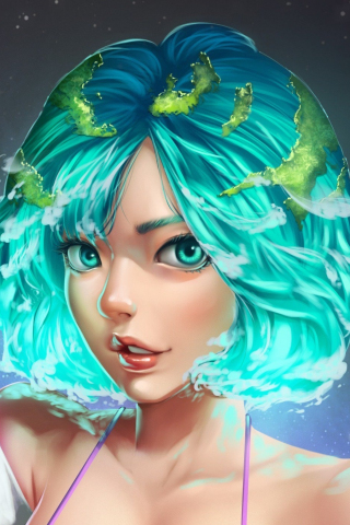 Blue, short hair, anime girl, digital art, 240x320 wallpaper