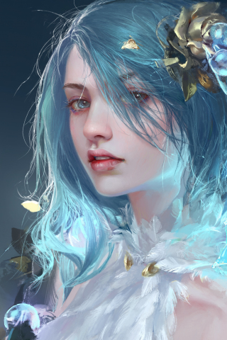 Pretty woman with blue hair, fantasy, 240x320 wallpaper