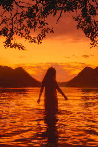 Lake, sunset, outdoor, silhouette, girl, 240x320 wallpaper