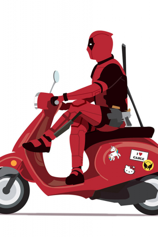 Marvel, Deadpool on scooter, minimal, superhero, funny, art, 240x320 wallpaper