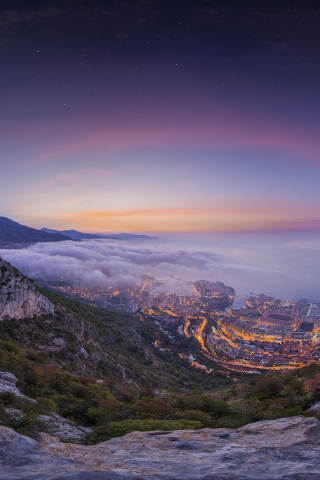 Valley, Monaco city, aerial view, sunrise, foggy cityscape, city lights, 240x320 wallpaper